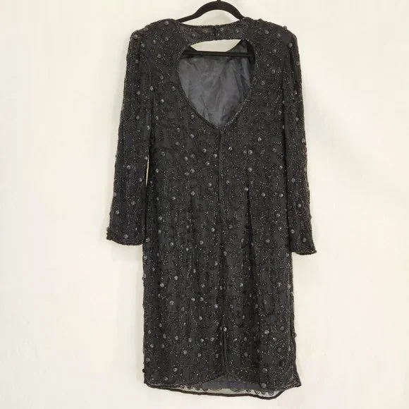Vintage JOAN LESLIE Hollywood-Fairy-Tale Beaded Black Silk Sheath Dress Size 10. - Picture 5 of 16